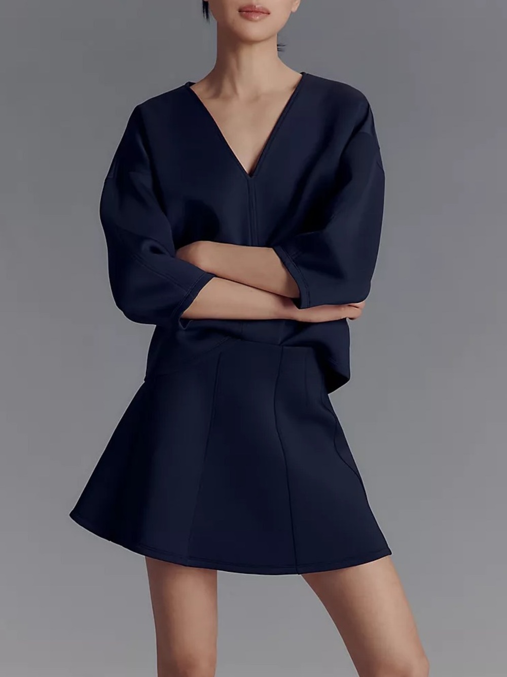 Anthropologie Navy Blue Structured Boxy Scuba Style V-Neck Balloon Sleeve Top SM
